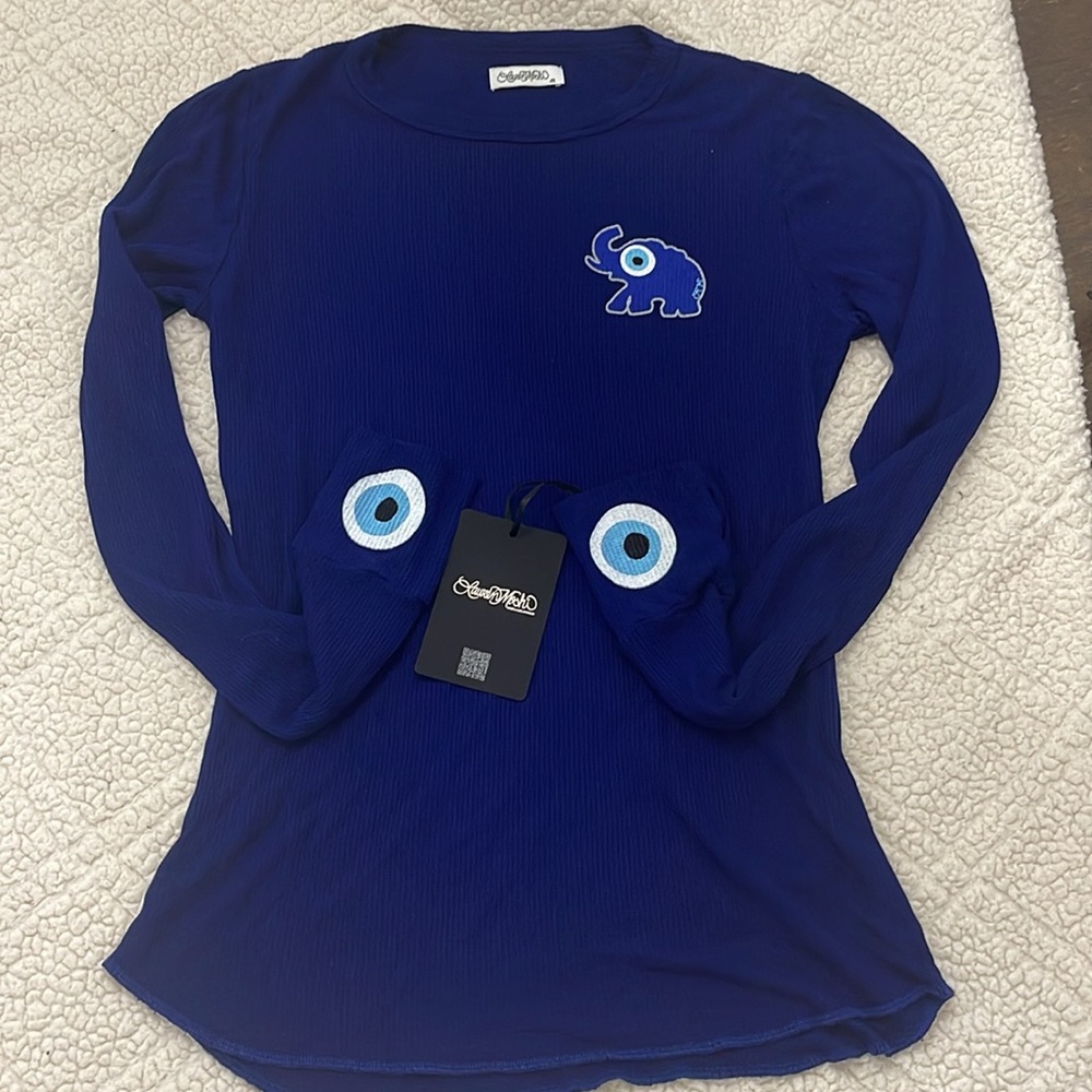 NWT Medium Women’s Lauren Moshi McKinley Evil Eye Thermal Top Blue